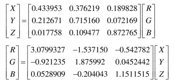 RGB颜色空间和CIEXYZ颜色空间相互转换式